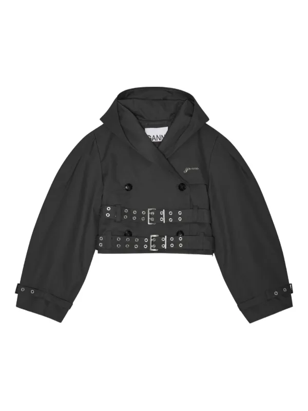 GANNI Black Bonded Cotton Short Trench Jacket | Black | FARFETCH