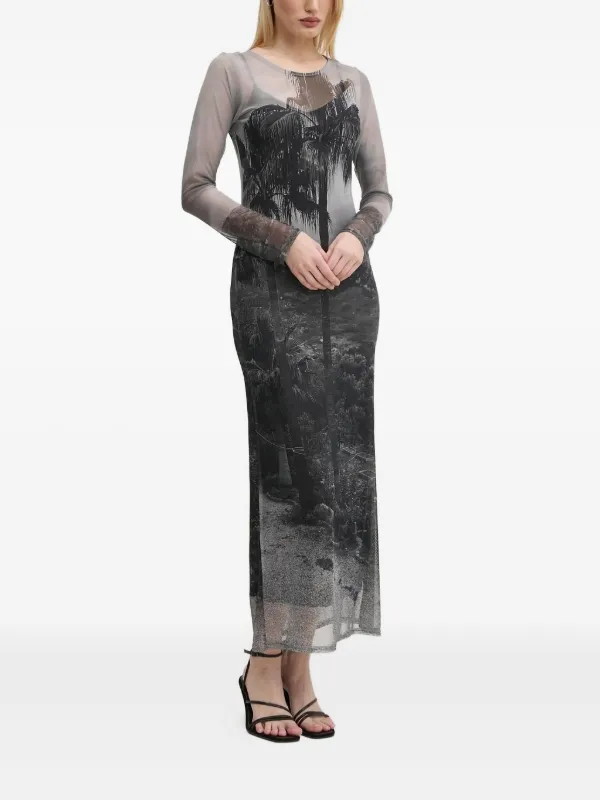 NEVER FULLY DRESSED palm-tree Print Midi Dress | Black | FARFETCH
