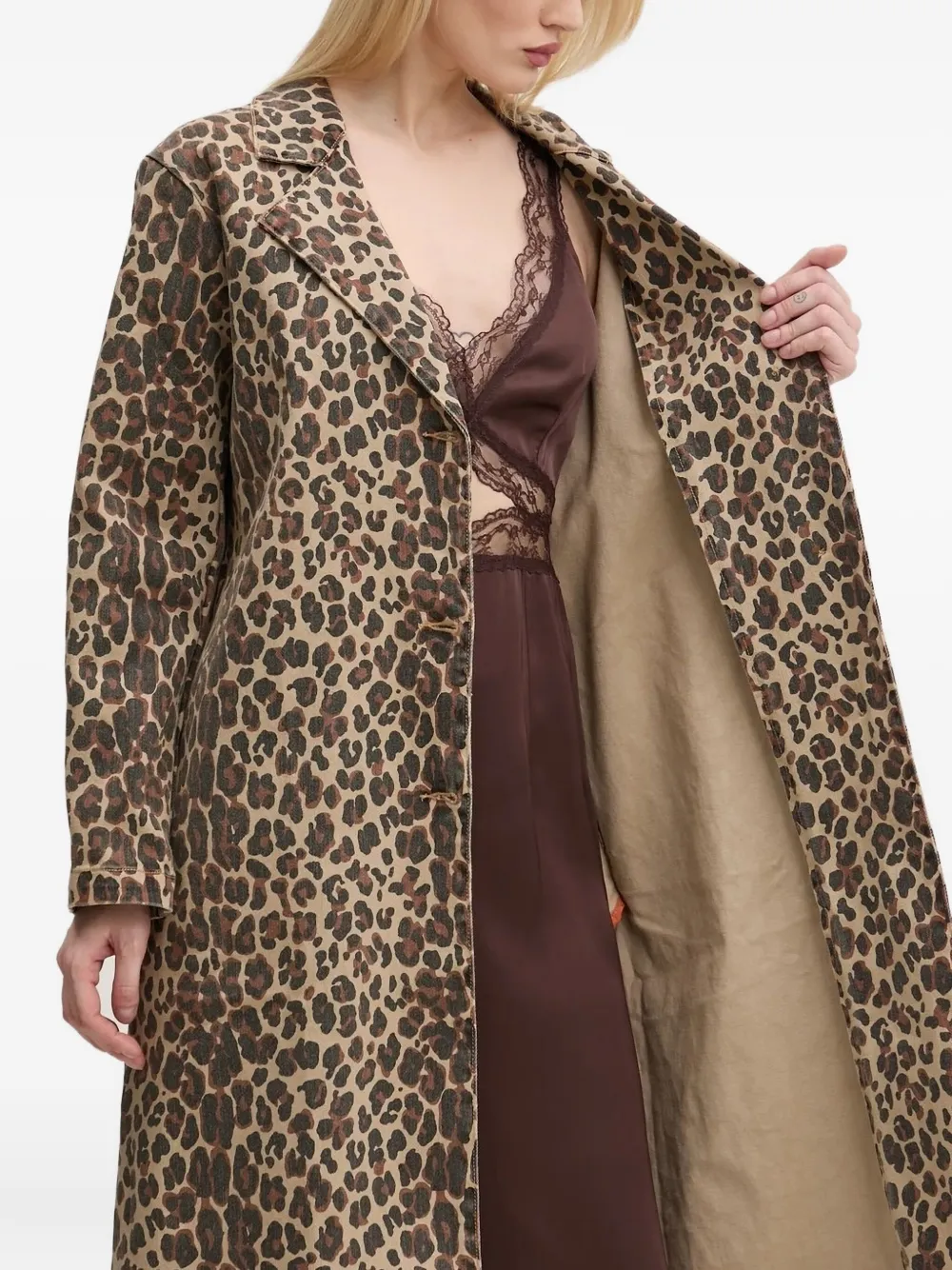 NEVER FULLY DRESSED leopard-print belted coat Beige