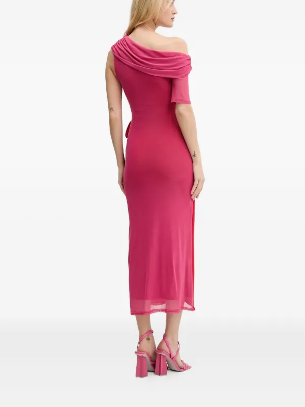 pink one shoulder dress midi One Shoulder Draped Midi Dress Hot Pink