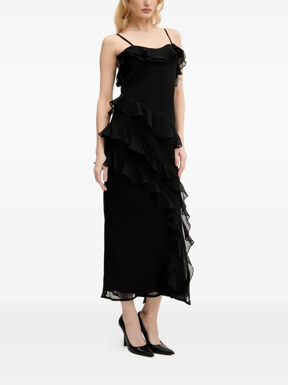 NEVER FULLY DRESSED Gelaagde midi-jurk met ruches Zwart