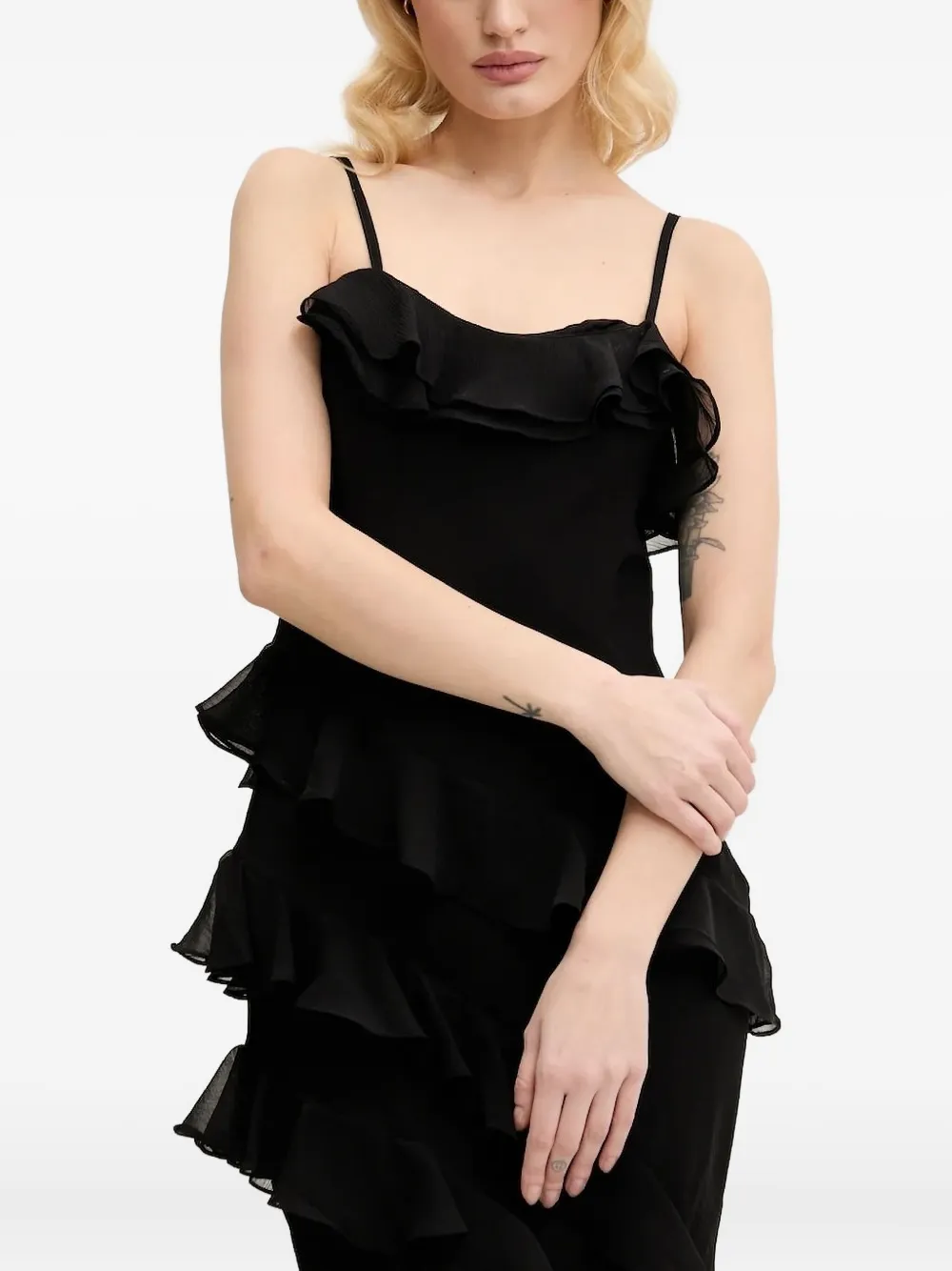 NEVER FULLY DRESSED Gelaagde midi-jurk met ruches Zwart