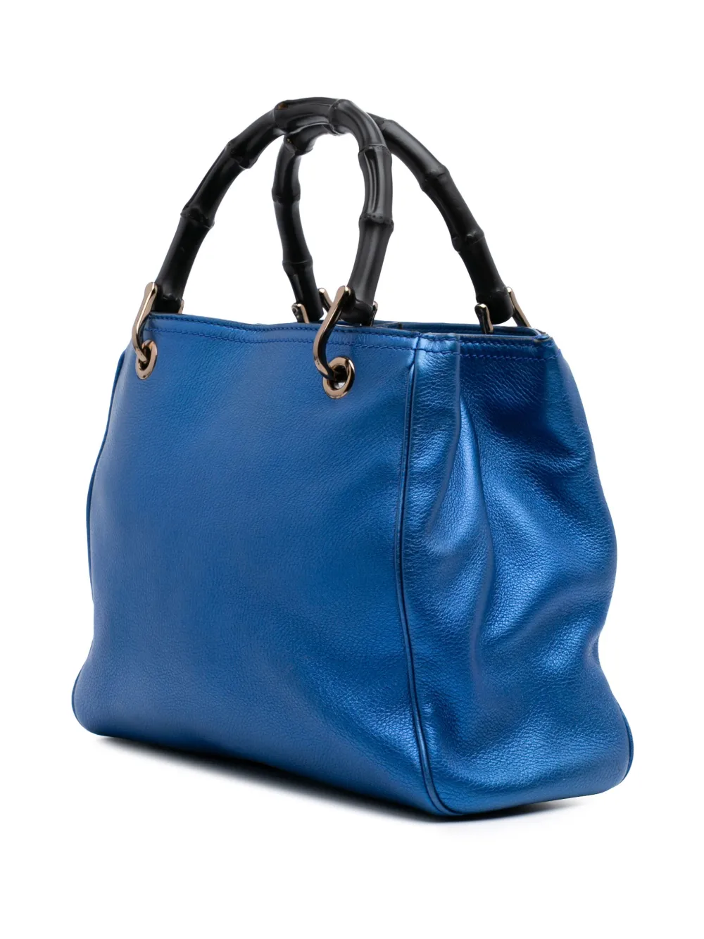 Pre-owned Gucci 2016-2024 Small Metallic Calfskin Bamboo Shopper Satchel In Blue