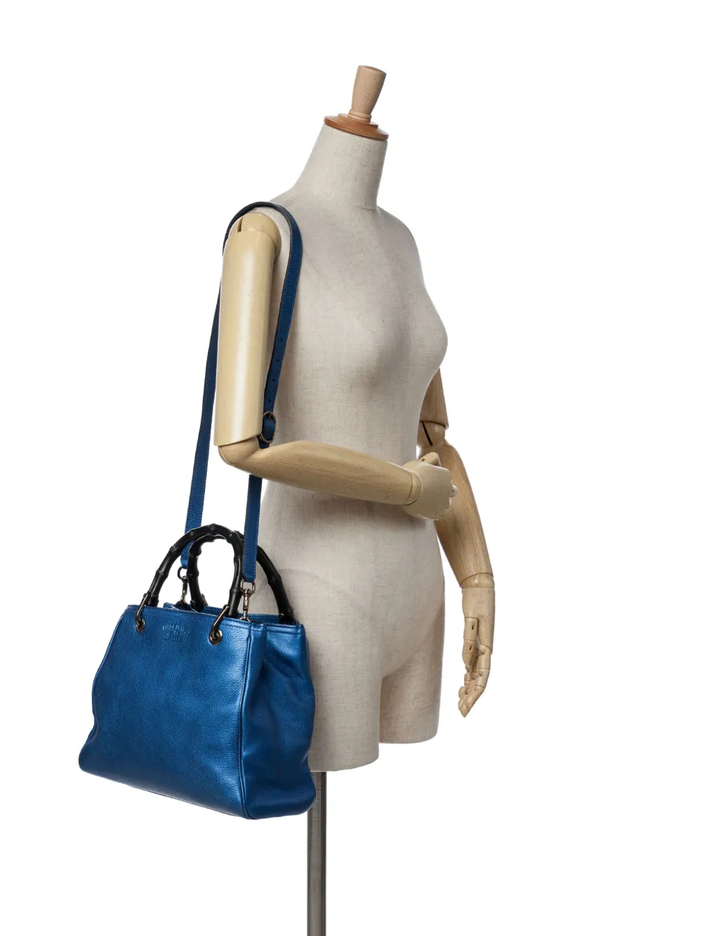 Pre-owned Gucci 2016-2024 Small Metallic Calfskin Bamboo Shopper Satchel In Blue