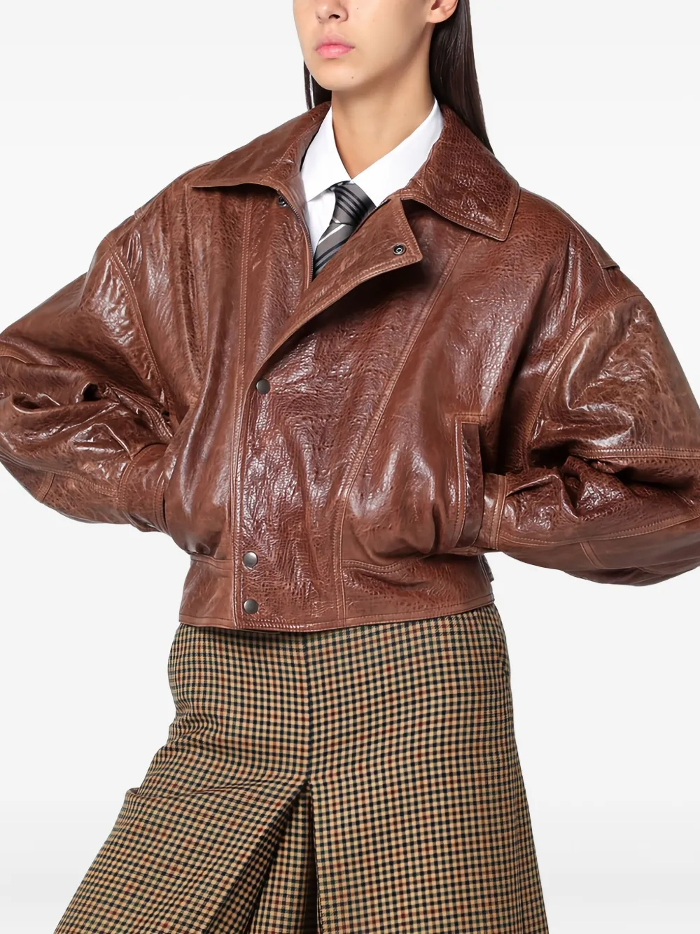 Saint Laurent Puffed-sleeve Leather Jacket In Brown