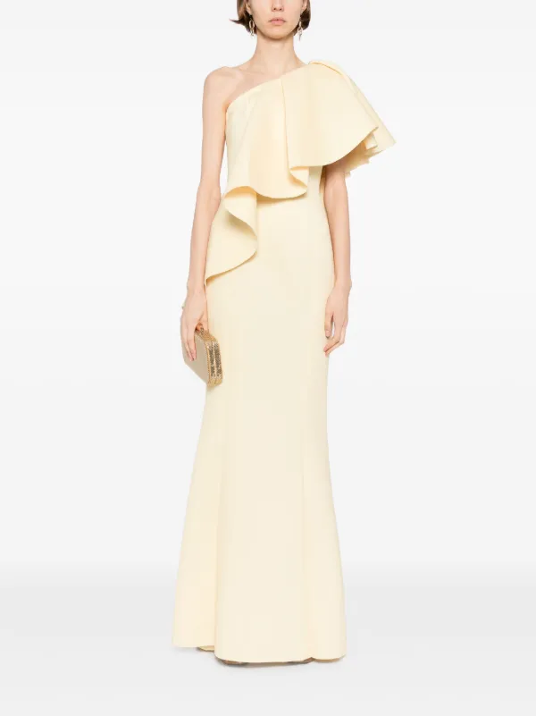 yellow scuba dress Velvette One Shoulder Exaggerated Puff Sleeve Scuba Midi Dress