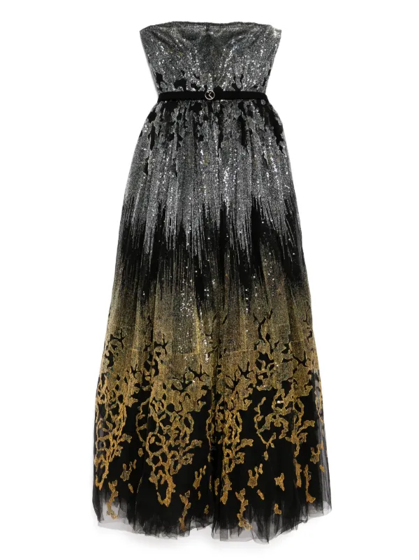 black and gold embroidered maxi dress Black and Gold Embroidered Maxi Dress with Tulle Back main image 1