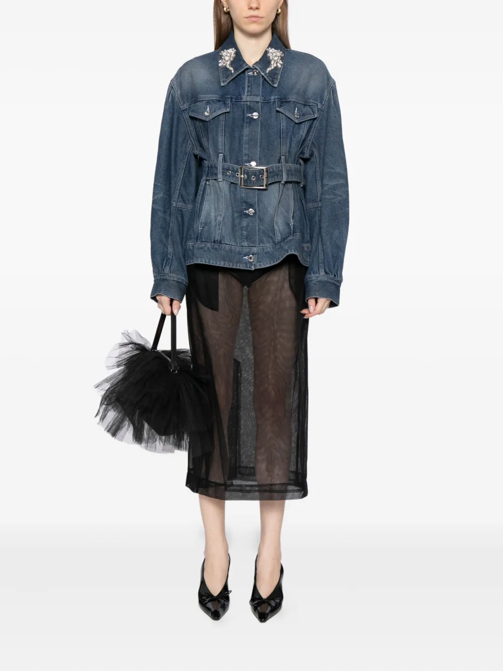 Simone Rocha Embellished Sculpted Denim Jacket In Blue
