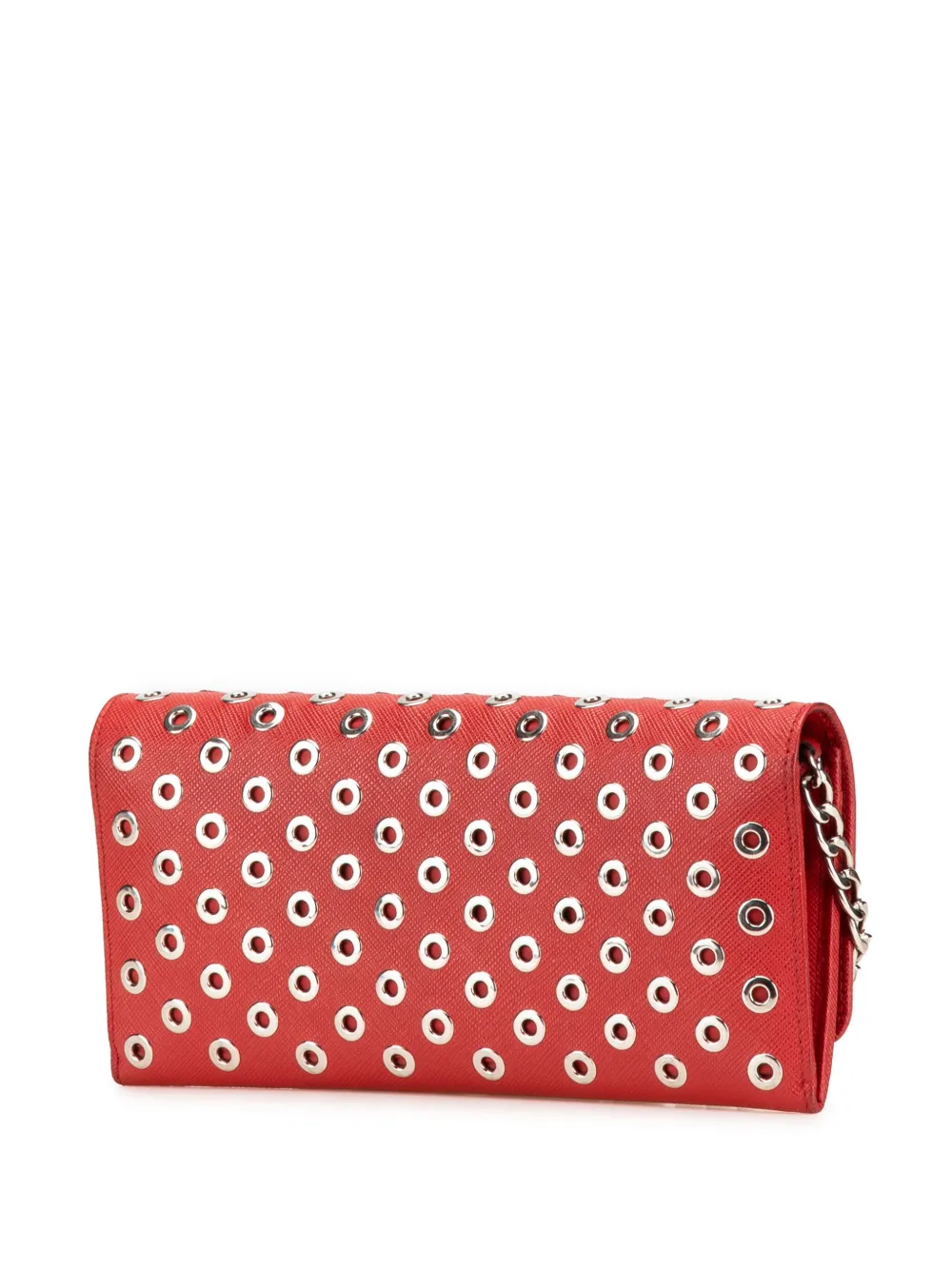 Pre-owned Prada 2000-2013 Saffiano Grommet Wallet On Chain Crossbody Bag In Red