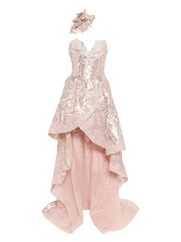 pink embroidered maxi dress Mac Duggal Women's Floral Embroidered Strapless Ruffle Midi Dress - Pink - Size 4