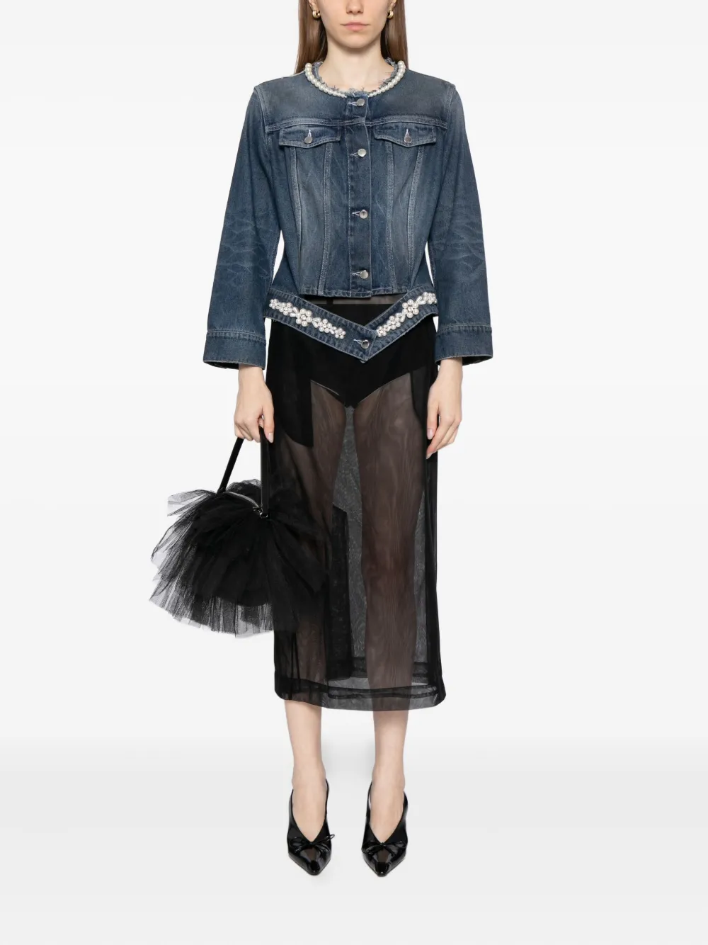 Simone Rocha Pearl-embellished Denim Jacket In Blue
