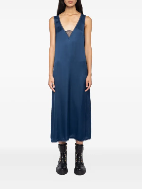 blue short sleeve lace dress Anna October Waterlily Blue Dress —Satin Slip Midi Dress