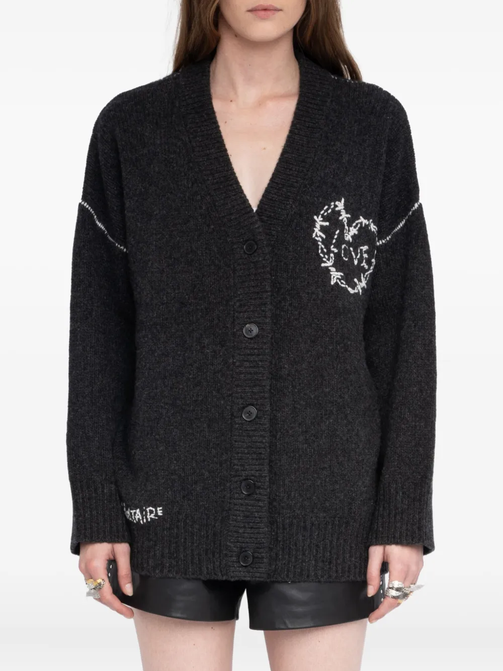 Zadig & Voltaire Womens Arpa Embroidered Merino-wool Cardigan Anthracite Xs In Gray