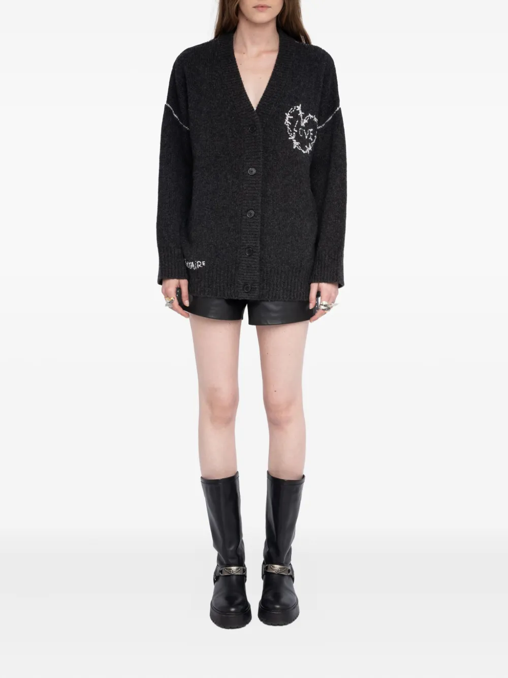 Zadig & Voltaire Womens Arpa Embroidered Merino-wool Cardigan Anthracite Xs In Gray