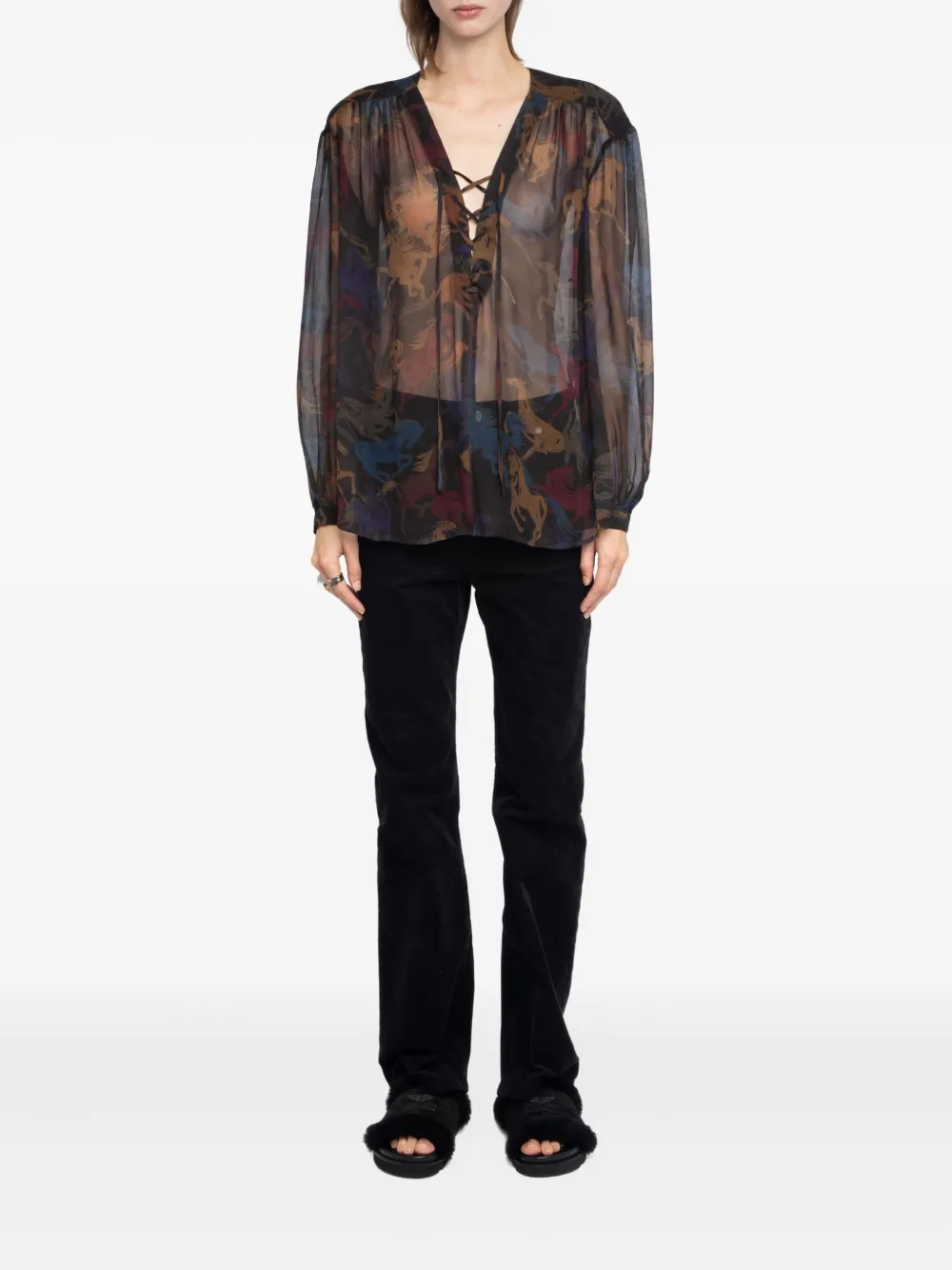 Zadig&Voltaire horse-print lace-up top - Bruin