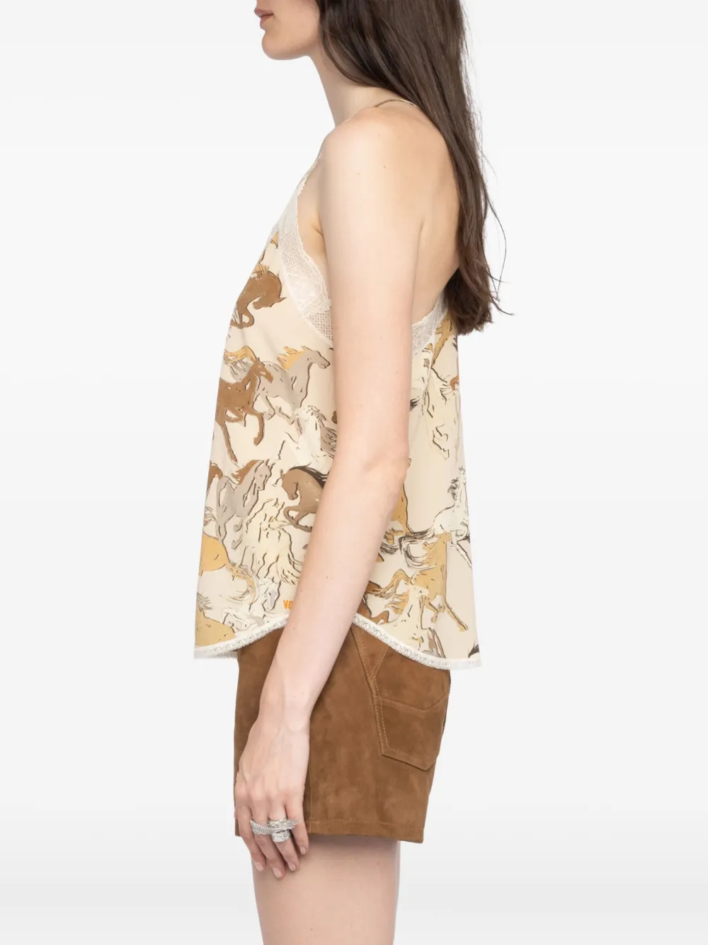 Zadig & Voltaire Christy Horse-print Lace-trimmed Top In Neutral