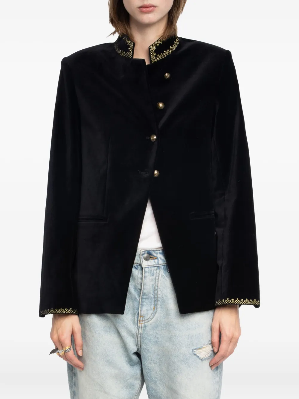 Zadig & Voltaire Velvet-effect Embellished-collar Jacket In Black