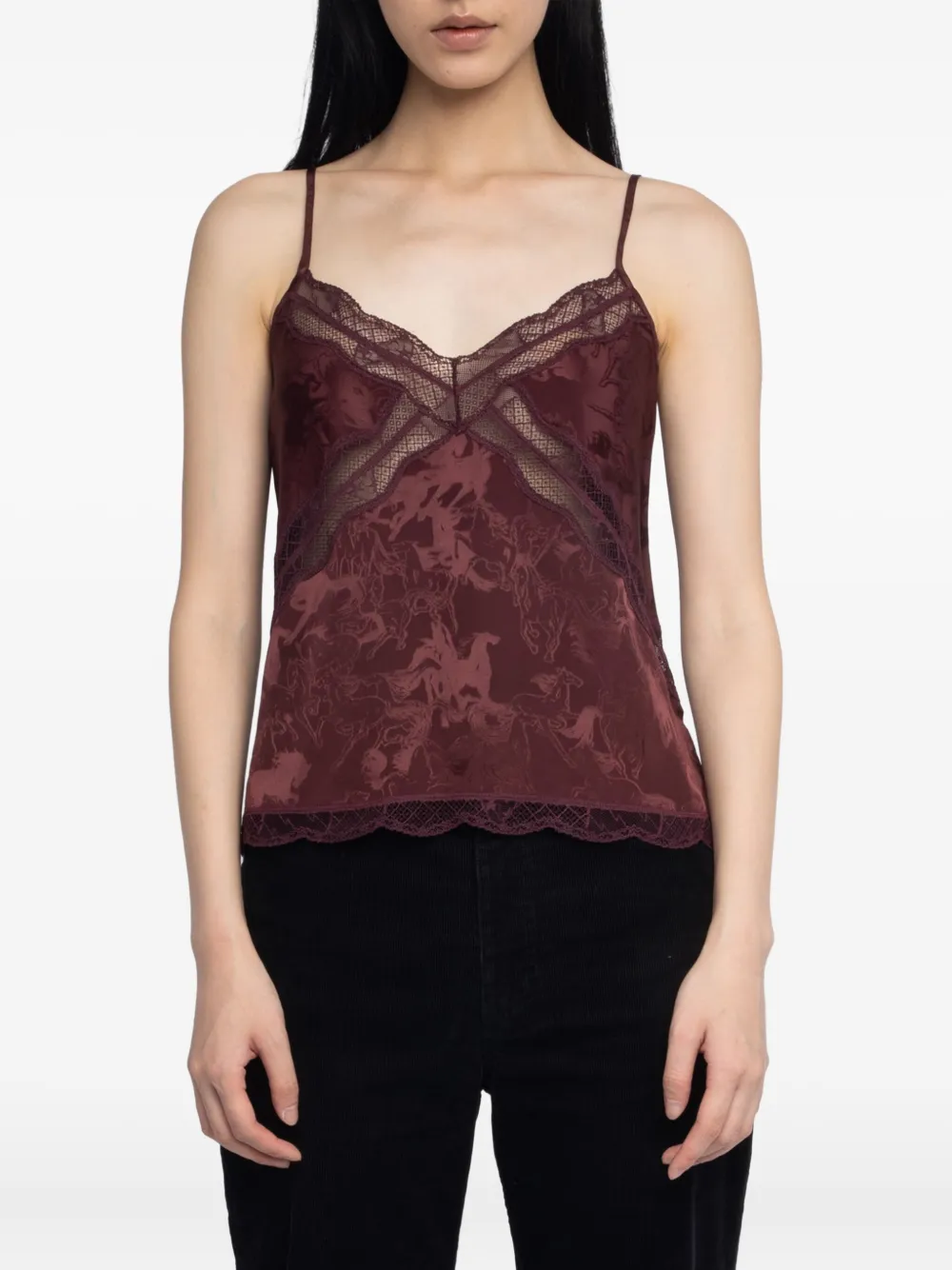 Zadig&Voltaire Cishi horse-jacquard lace-trim top Rood