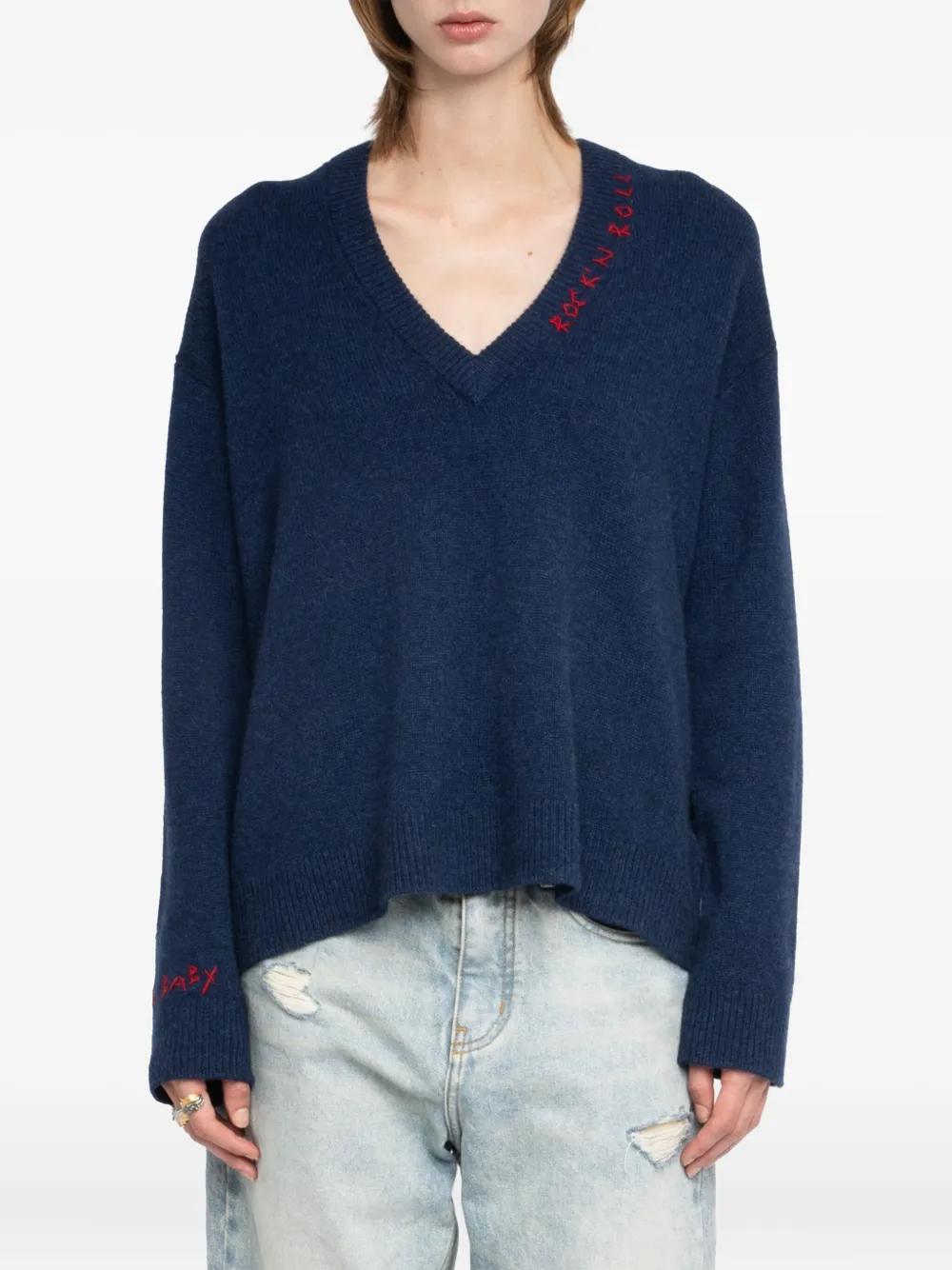 Zadig&Voltaire Miky trui met borduurwerk en V-hals Blauw