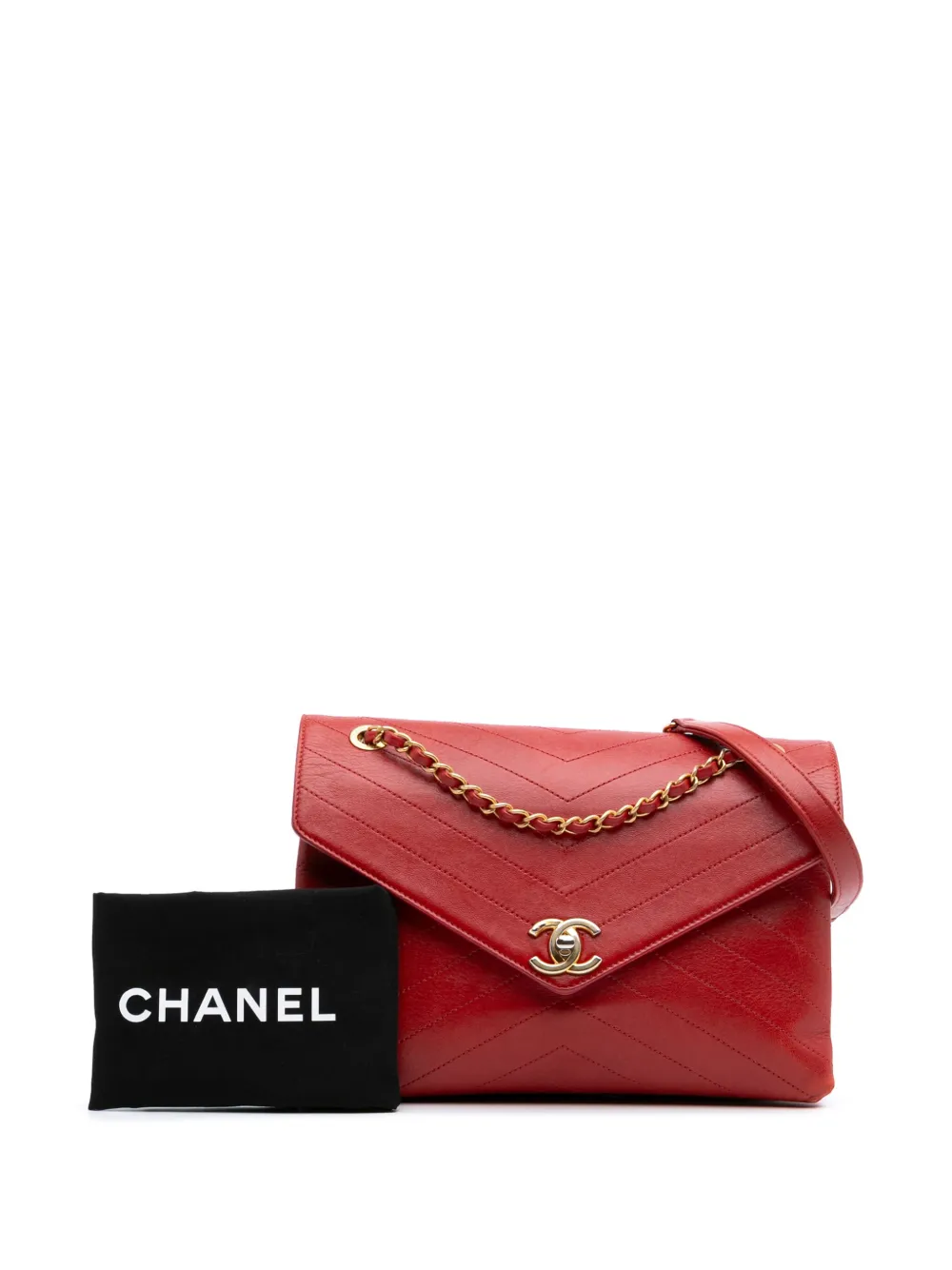 Pre-owned Chanel 2018-2019 Chevron Lambskin Coco Envelope Flap Crossbody Bag In Red