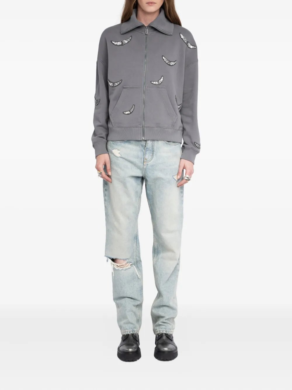 Zadig & Voltaire Milly Sequin Wings Zip-up Cotton Fleece Jacket In Gray