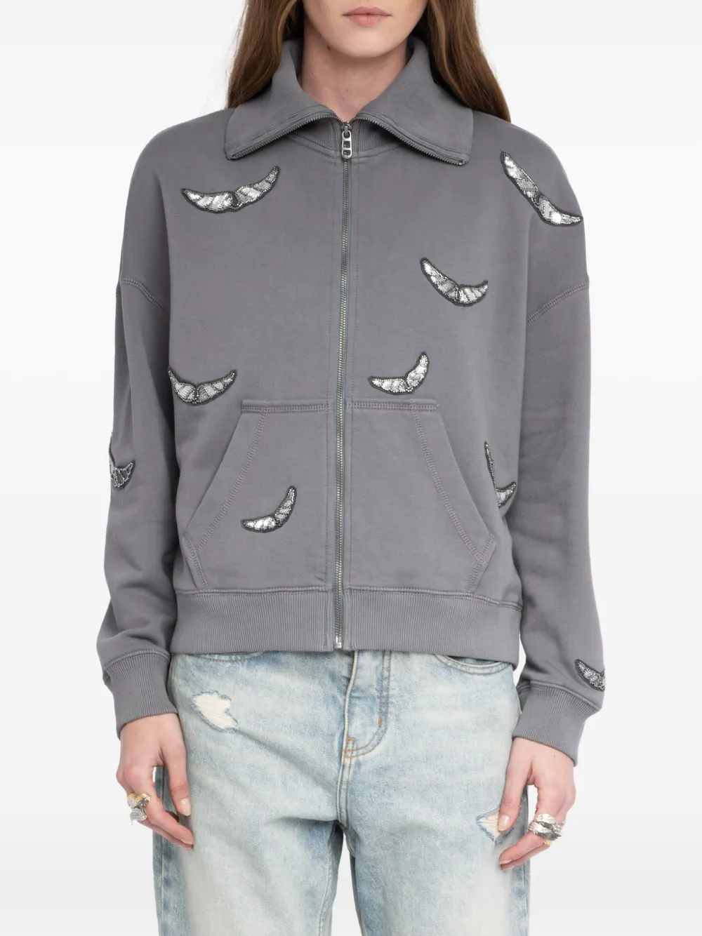 Zadig & Voltaire Milly Sequin Wings Zip-up Cotton Fleece Jacket In Gray