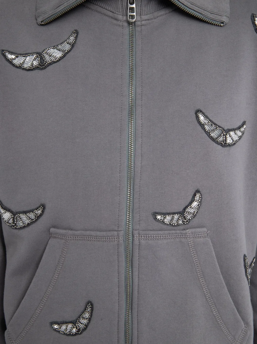 Zadig & Voltaire Milly Sequin Wings Zip-up Cotton Fleece Jacket In Gray