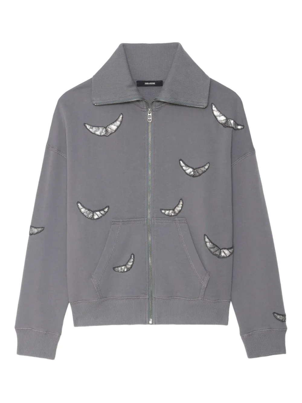 Zadig & Voltaire Milly Sequin Wings Zip-up Cotton Fleece Jacket In Gray