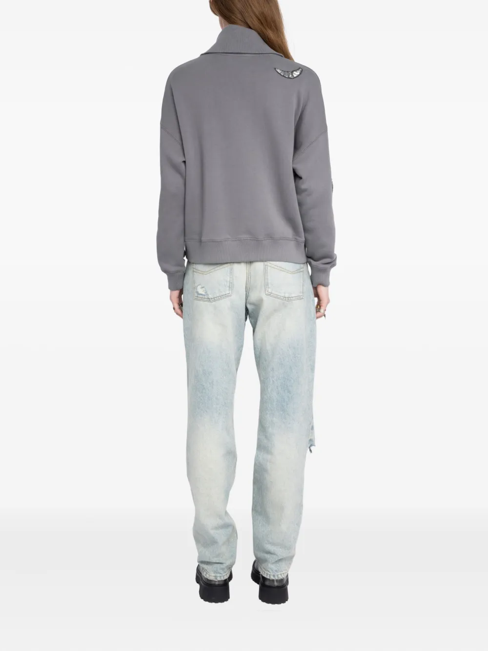 Zadig & Voltaire Milly Sequin Wings Zip-up Cotton Fleece Jacket In Gray