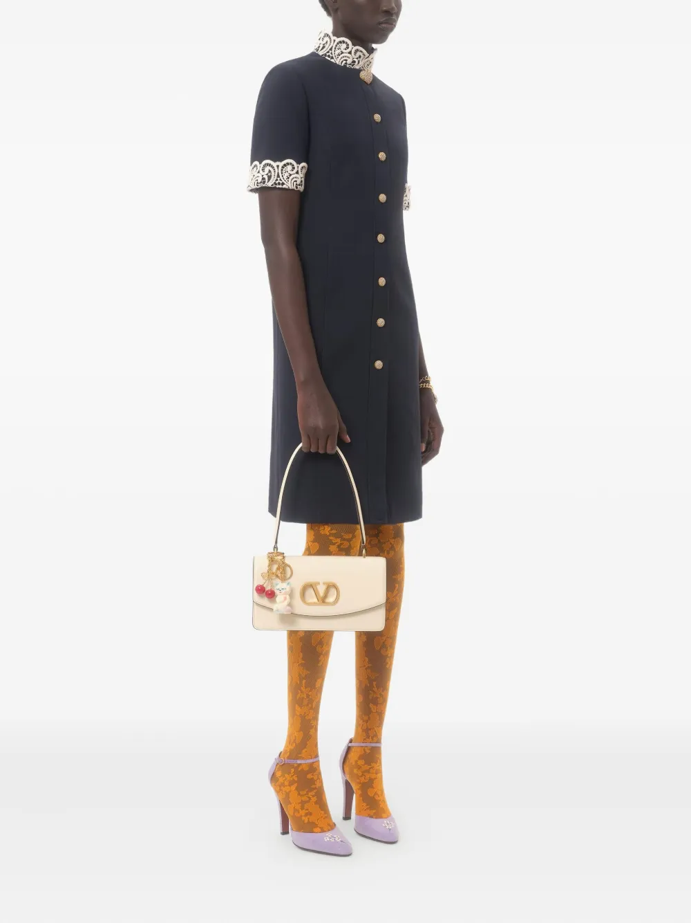 Valentino Garavani lace-collared button-up dress Blauw
