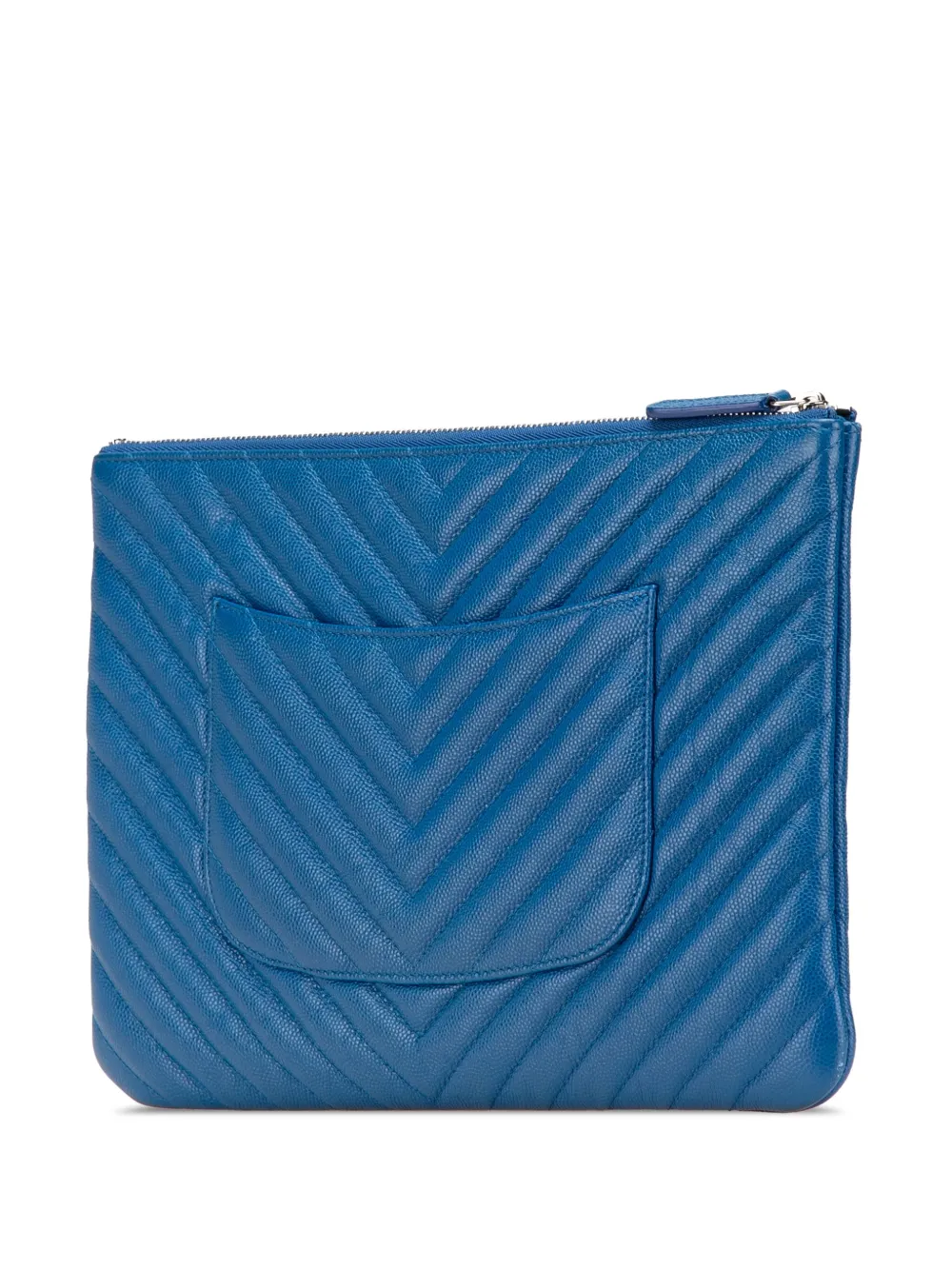 Pre-owned Chanel 2016-2017 Medium Cc Chevron Caviar O Case Clutch Bag In Blue