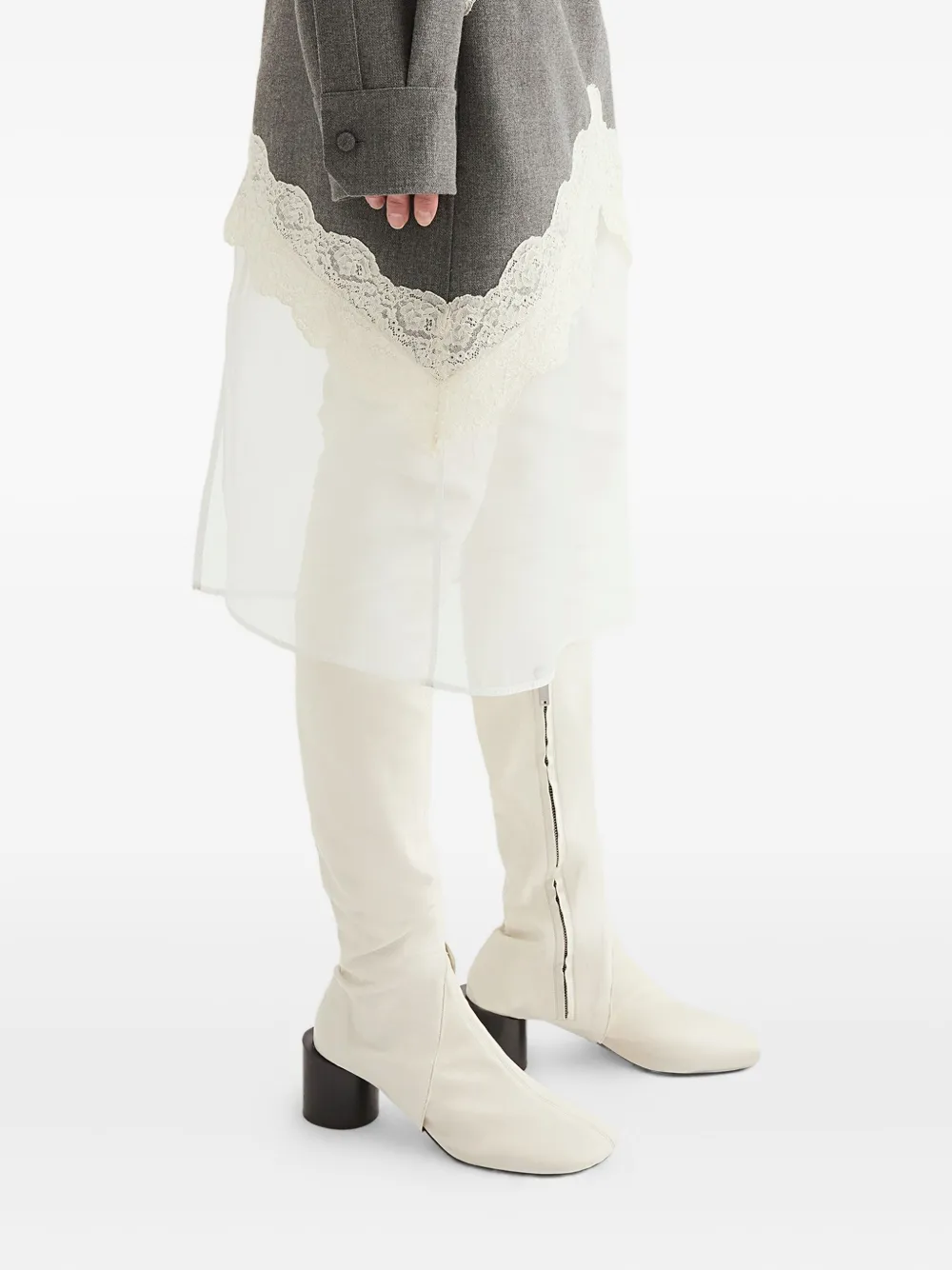 Jil Sander Asymmetric Lace Wool Skirt With Sheer Overlay In Gray