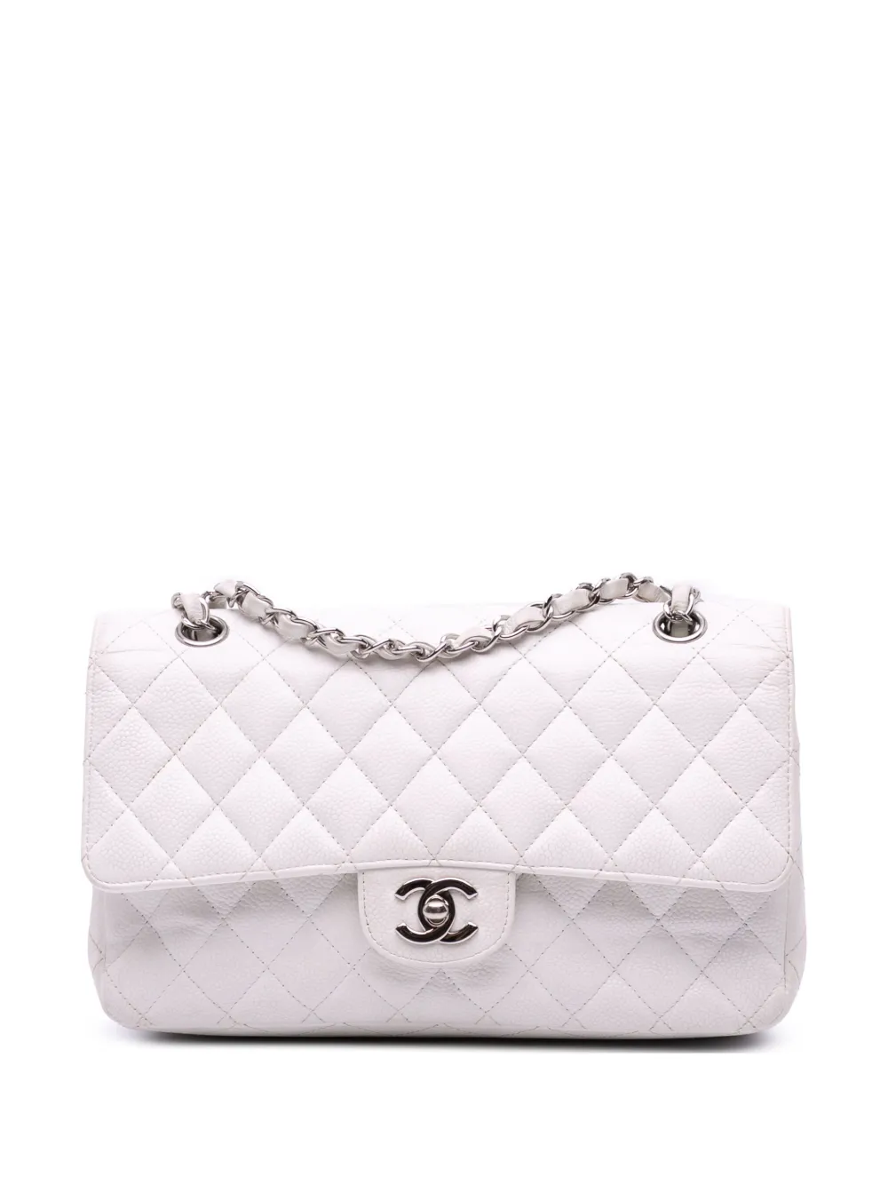 CHANEL Pre-Owned 2008-2009 ミディアム クラシック キャビア ダブルフラップ ショルダーバッグ - ホワイト CHANEL Pre-Owned 2008-2009 ミディアム クラシック キャビア ダブルフラップ ショルダーバッグ - ホワイト