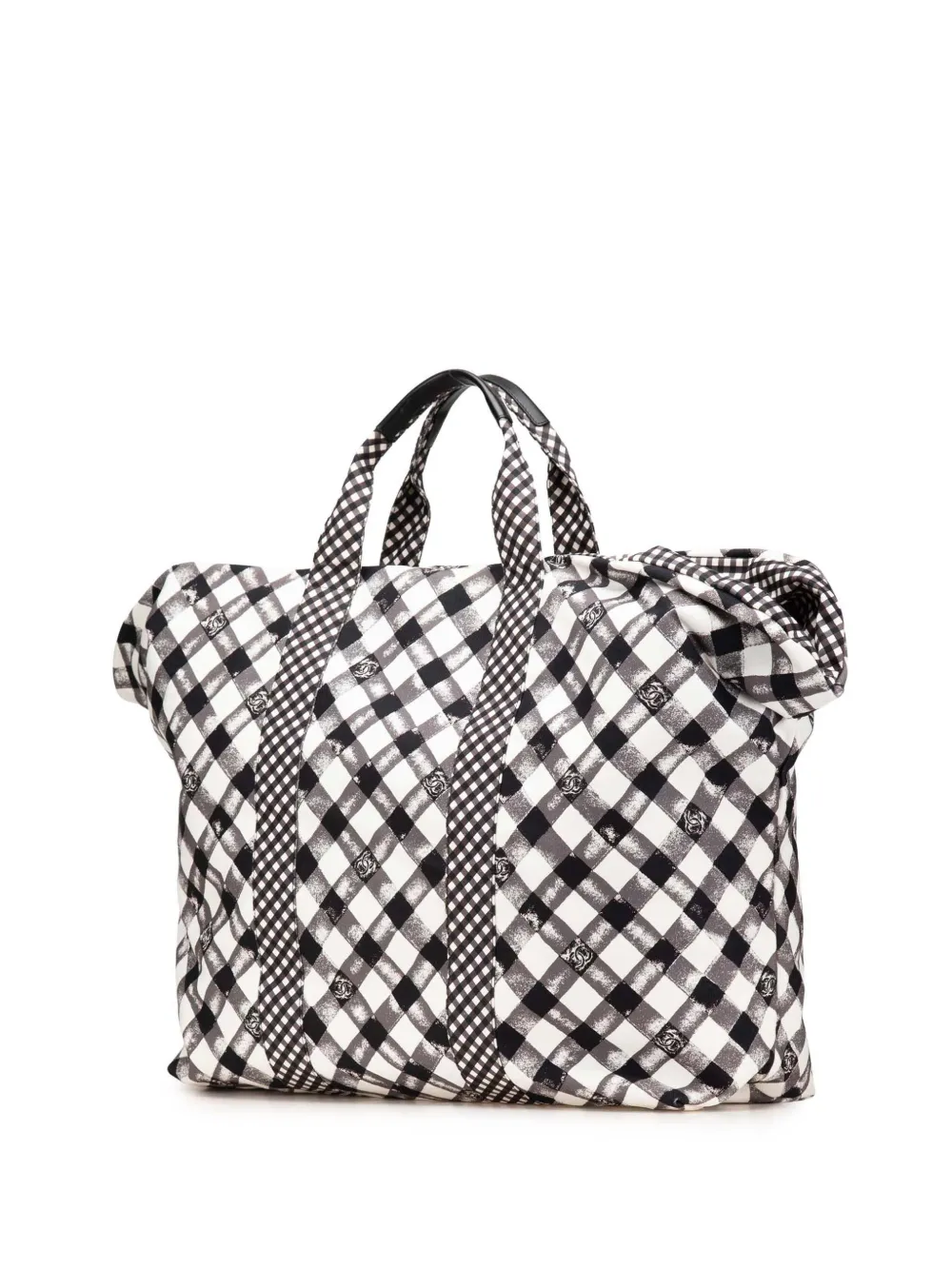 Pre-owned Chanel 2010-2011 Printed Canvas Gingham Weekender Tote Bag In Black