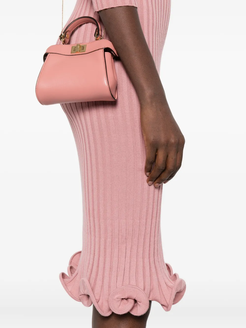 Fendi Stretch Wool Blend Dress With Ruffled Hem In Pink