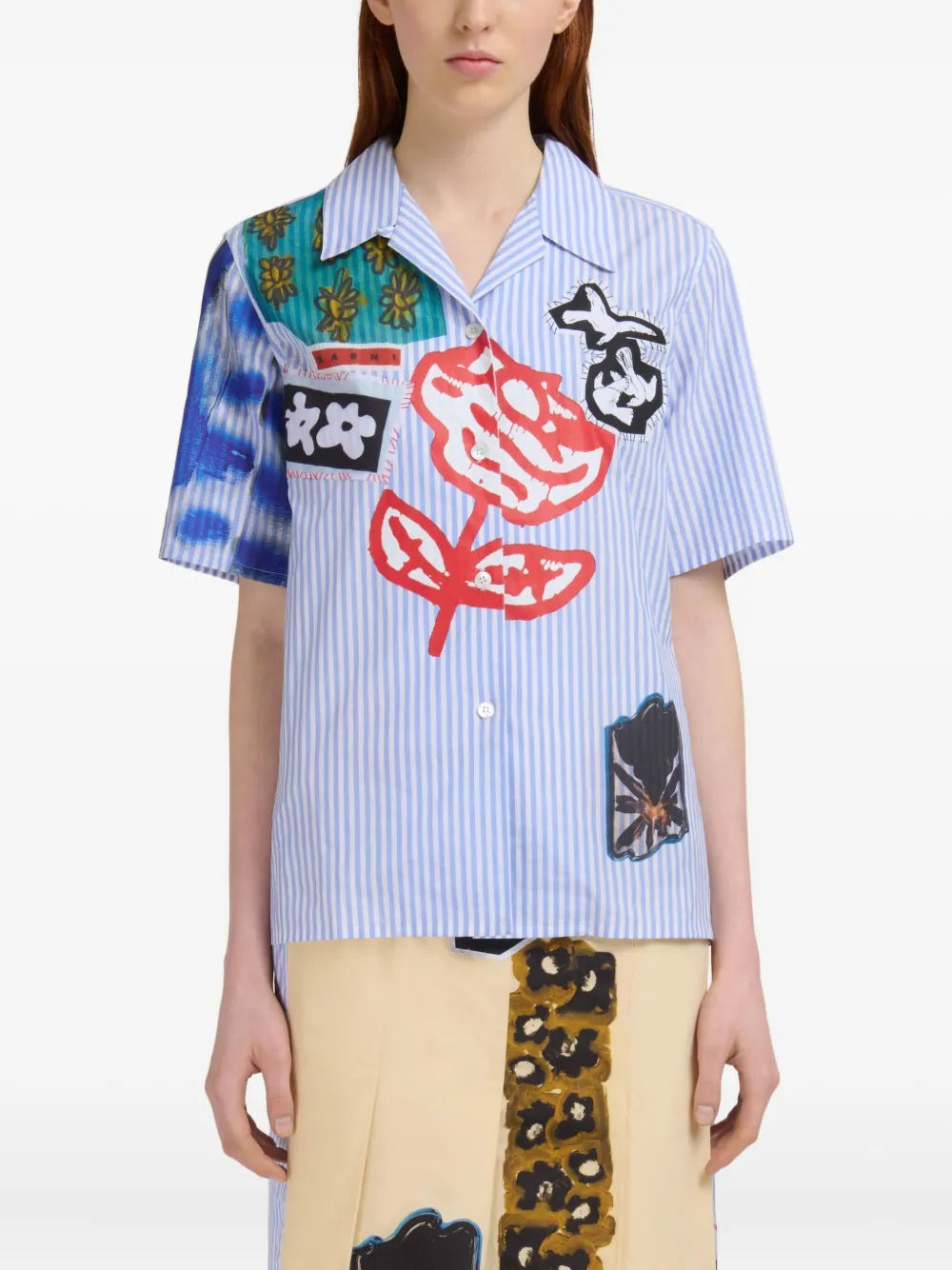 Marni Blouse met geborduurde patchwork en korte mouwen Blauw
