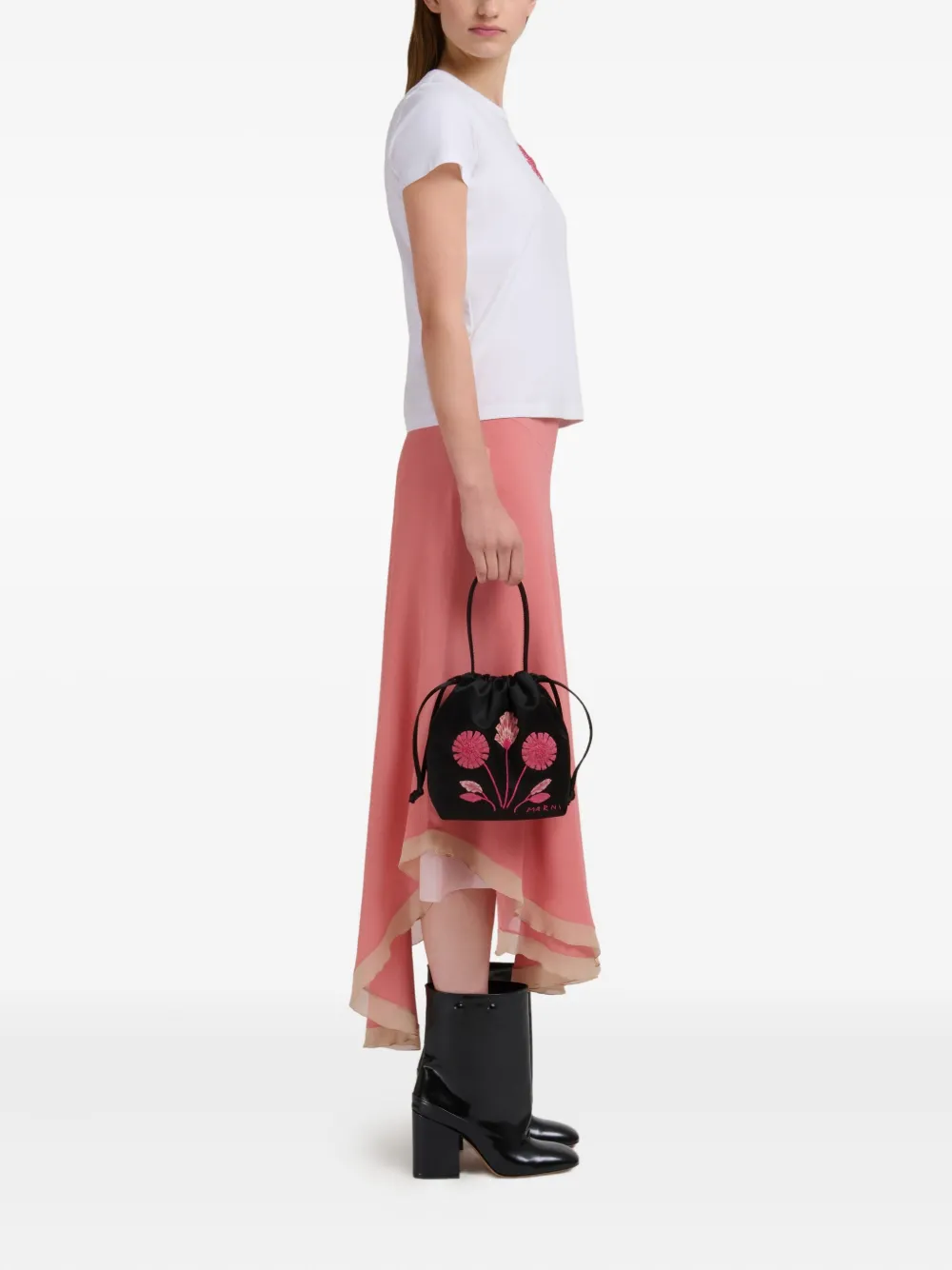 Marni Kleine bucket-tas met geborduurde bloemen Zwart