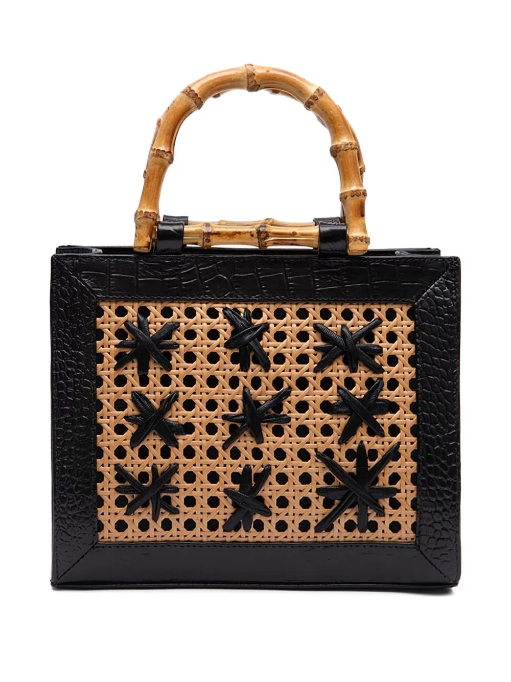 Isla Diana geweven shopper met bamboe handvat - Zwart