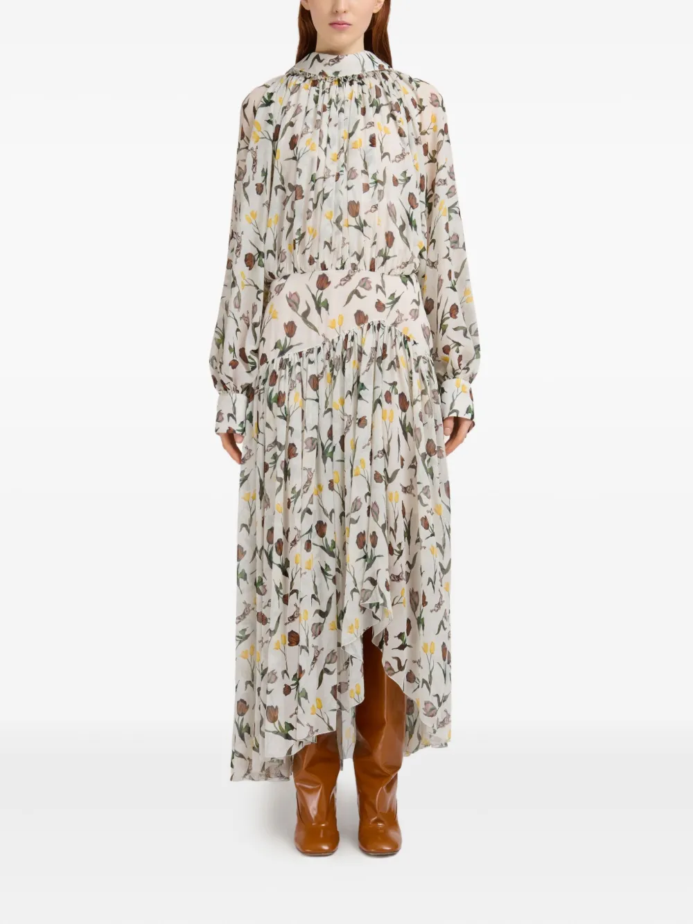 Marni Jurk met bloemenprint en ruches - Wit