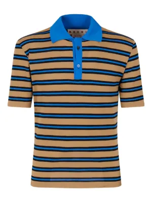 Long sleeved blue and white striped organic cotton polo