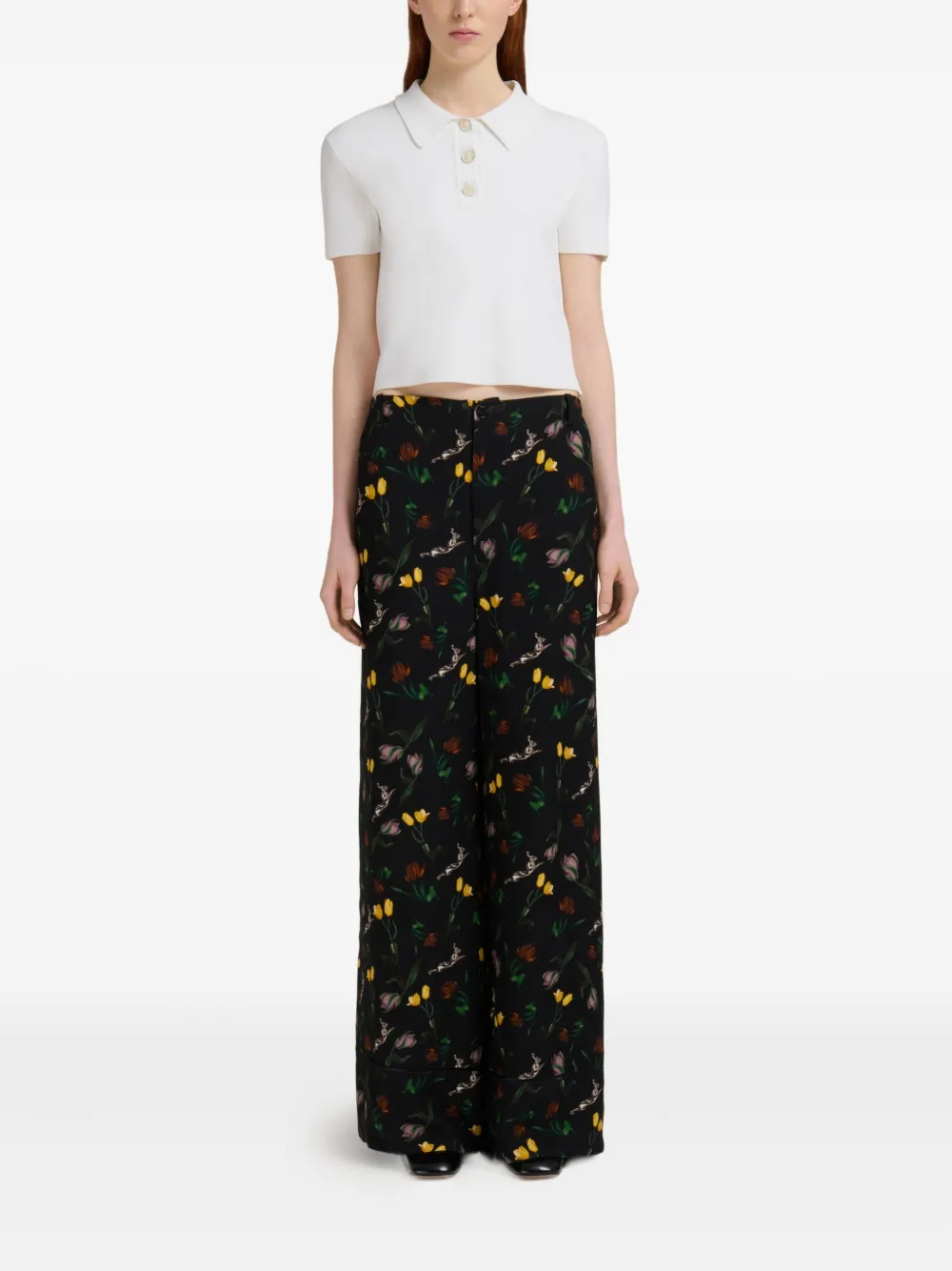Marni floral-print wide-leg trousers - Zwart