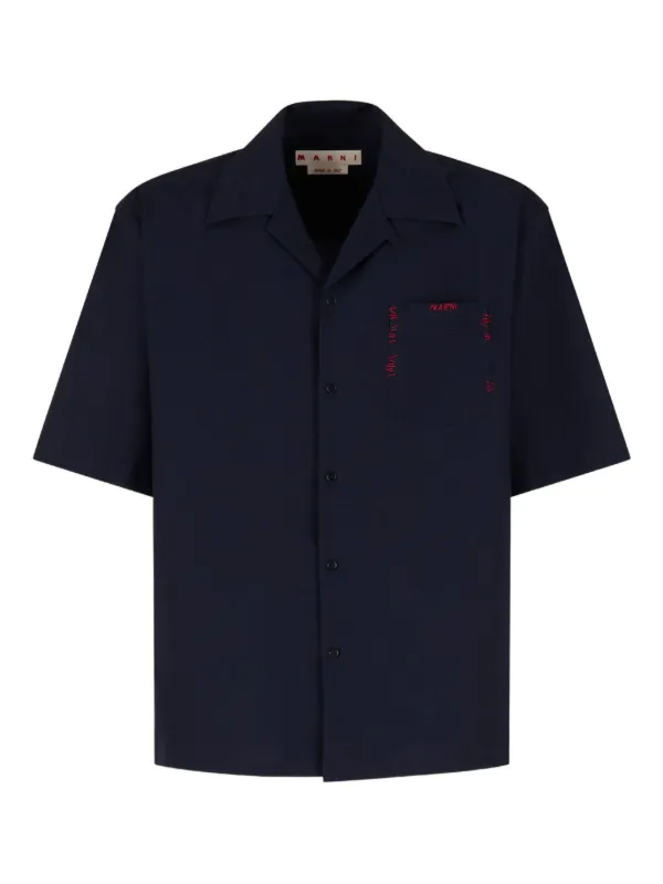 Marni Deep Blue Tropical Wool Bowling Shirt with Marni Mending