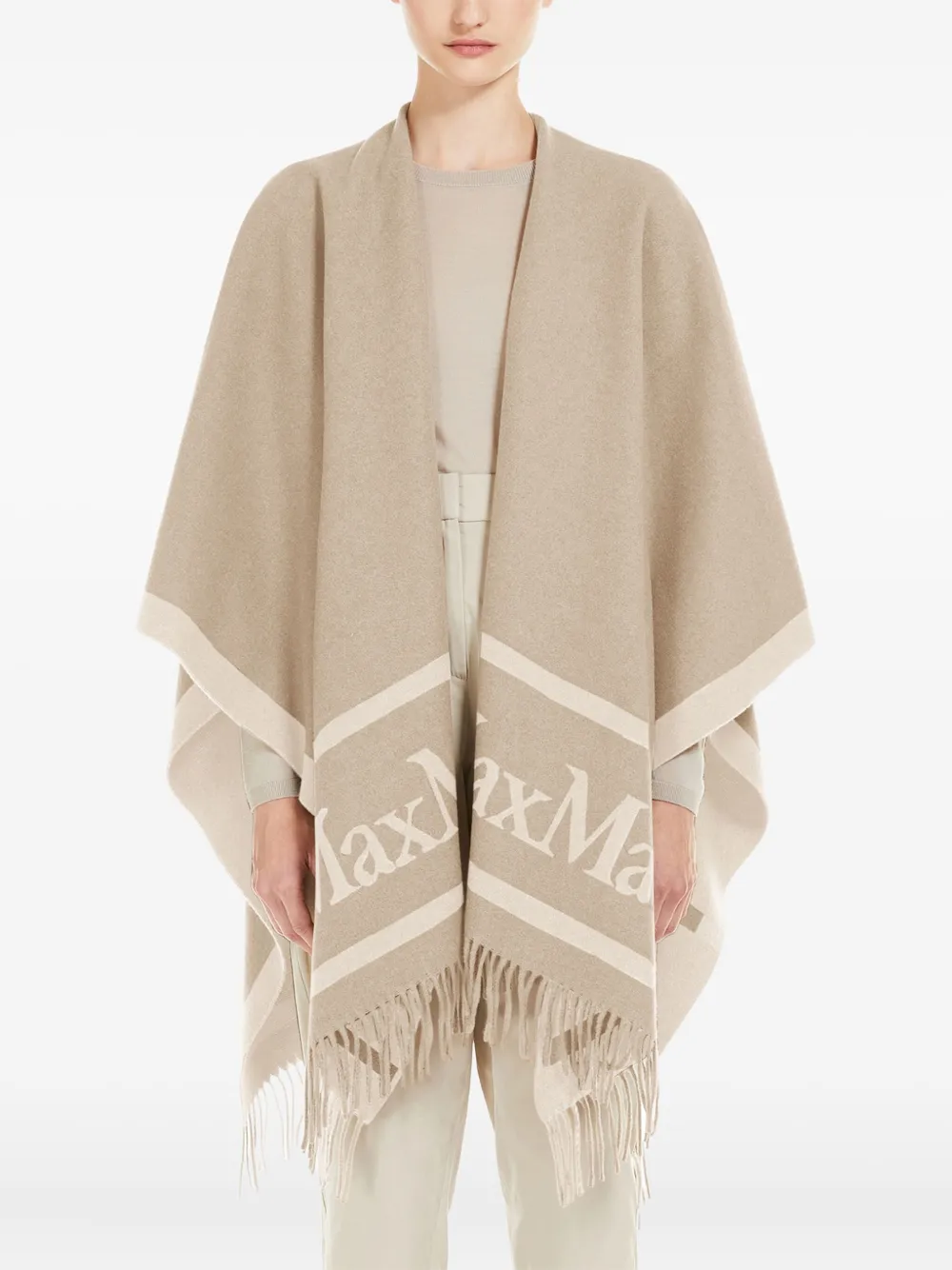 Max Mara logo-detail fringed poncho Beige
