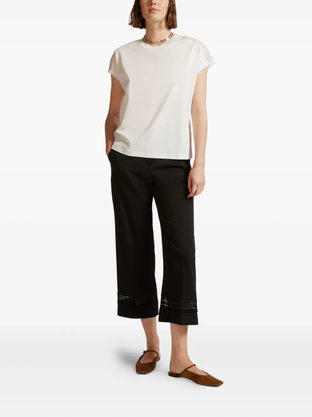 ELENA MIRO` embroidered-trim cropped trousers - Zwart