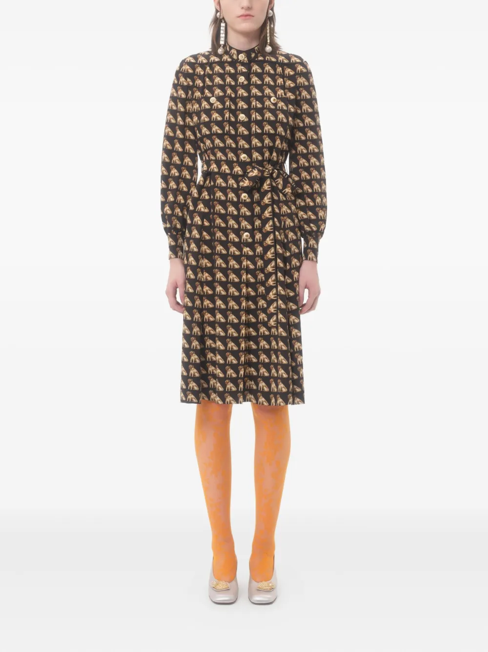Valentino Dog-print Belted Midi Dress In Multi
