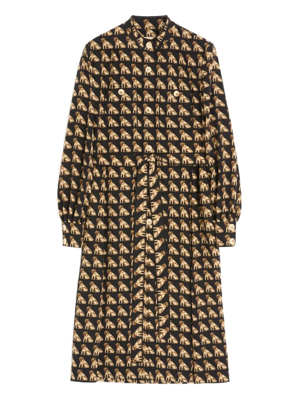 Valentino Dog-print Belted Midi Dress In Black