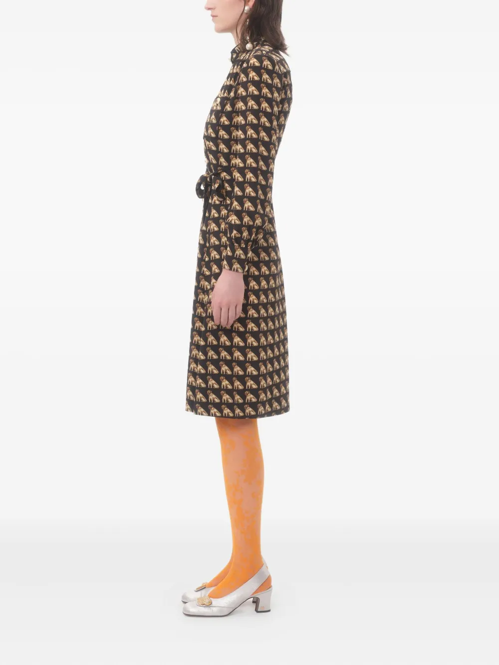 Valentino Dog-print Belted Midi Dress In Multi