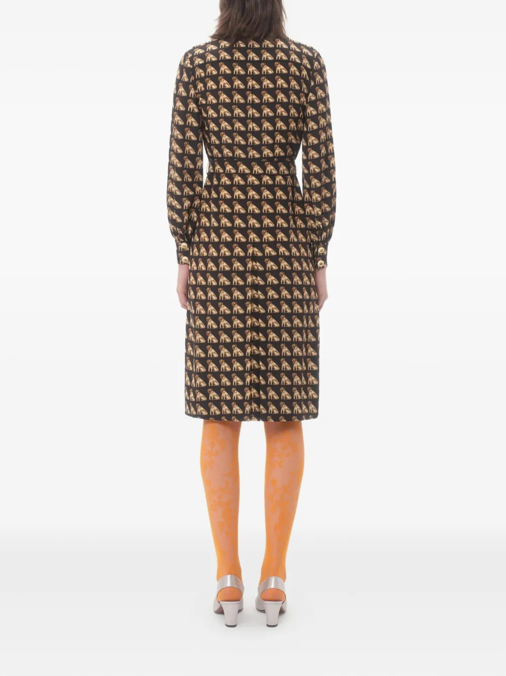 Valentino Dog-print Belted Midi Dress In Multi