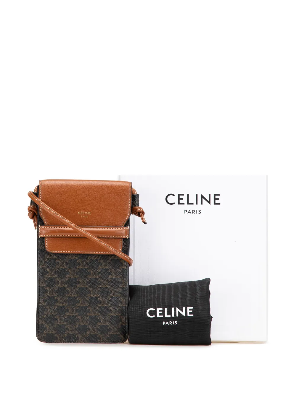Pre-owned Celine 2021 Triomphe Coated Canvas Phone Pouch Flap Crossbody Bag In Brown
