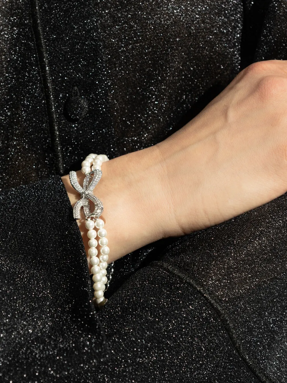 Self-Portrait crystal-bow faux pearl-double strand bracelet - Zilver